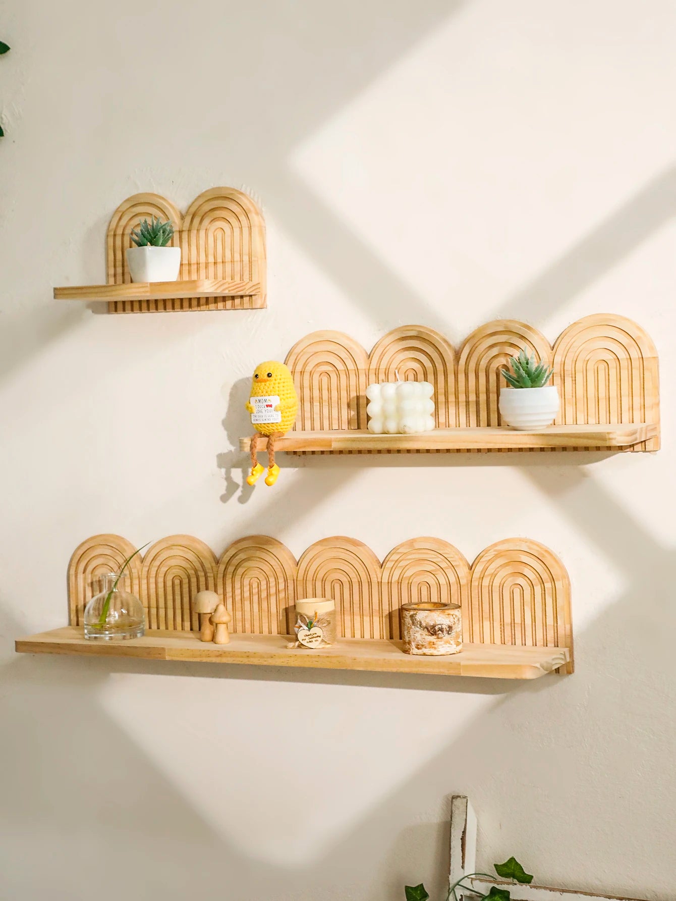 1pc Rustic Wooden Wall Mounted Shelves, Rainbow Arch Design, Decorative Display Racks for Succulents, Crystals & Home Decor Gift