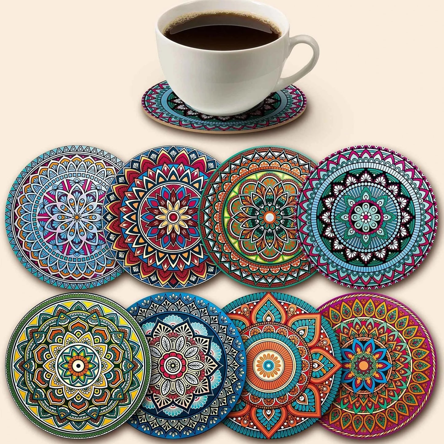 8-Piece Wooden Mandala Coaster Set - Must-Have for Bar, Office, and Home Decor Holiday/Party
