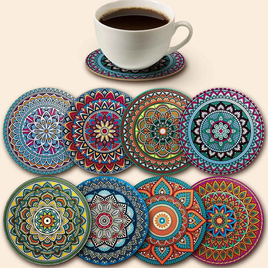 8-Piece Wooden Mandala Coaster Set - Must-Have for Bar, Office, and Home Decor Holiday/Party