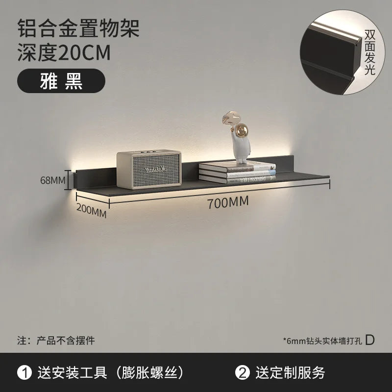 Luminous LED Storage Rack Aluminum Alloy Wall Holder L-shaped One-word Bookshelf for Living Room Metal Glowing Display Shelf The Home Essentials