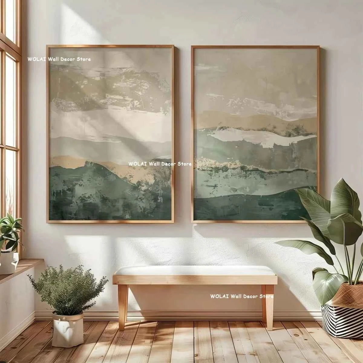 2pcs/set Japanese Retro Wabisabi Mountain Abstract Canvas Printing Abstract Green Sunset Flying Crane Wall Art Poster Home Decor
