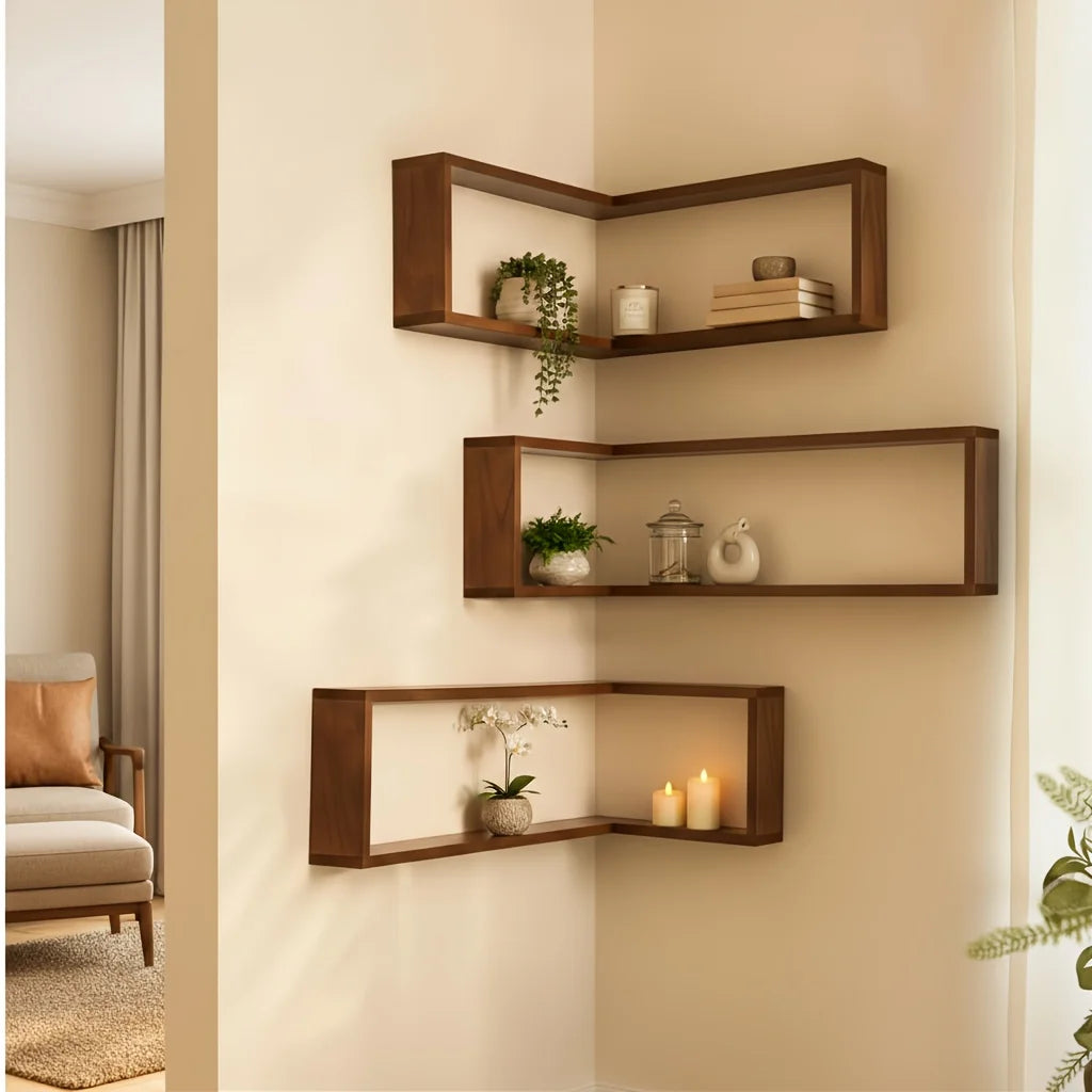 L-Shaped Corner Floating Wall Shelves Wholesale, Wooden Display Shelf with Dividers, Wall Mounted Organizer for Jewelry, Crafts, The Home Essentials