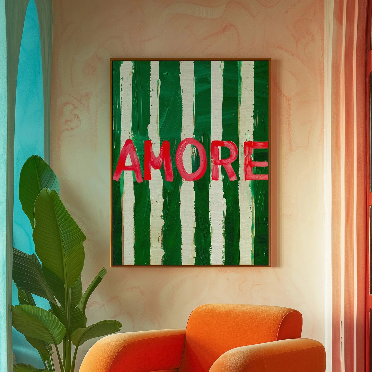 Amore Green Striped Canvas Printing Vino Wine Glass & Pepper Wall Art Poster Modern Living Room Bedroom Kitchen Home Decor Gifts The Home Essentials