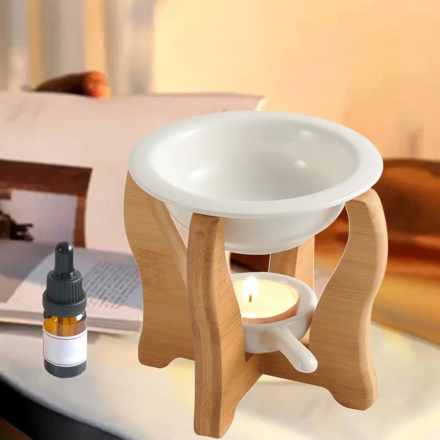 Ceramic Candle Holder Essential Oil Burner Diffuser Furnace Warmer Tealight Candle Wood Base Lamp Porcelain Living Room Decor The Home Essentials