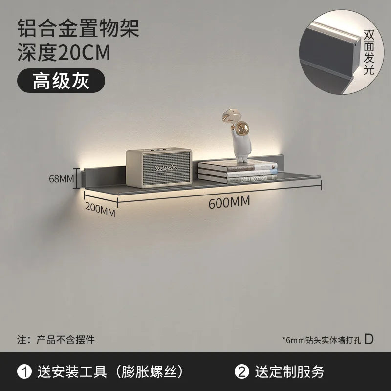 Luminous LED Storage Rack Aluminum Alloy Wall Holder L-shaped One-word Bookshelf for Living Room Metal Glowing Display Shelf The Home Essentials