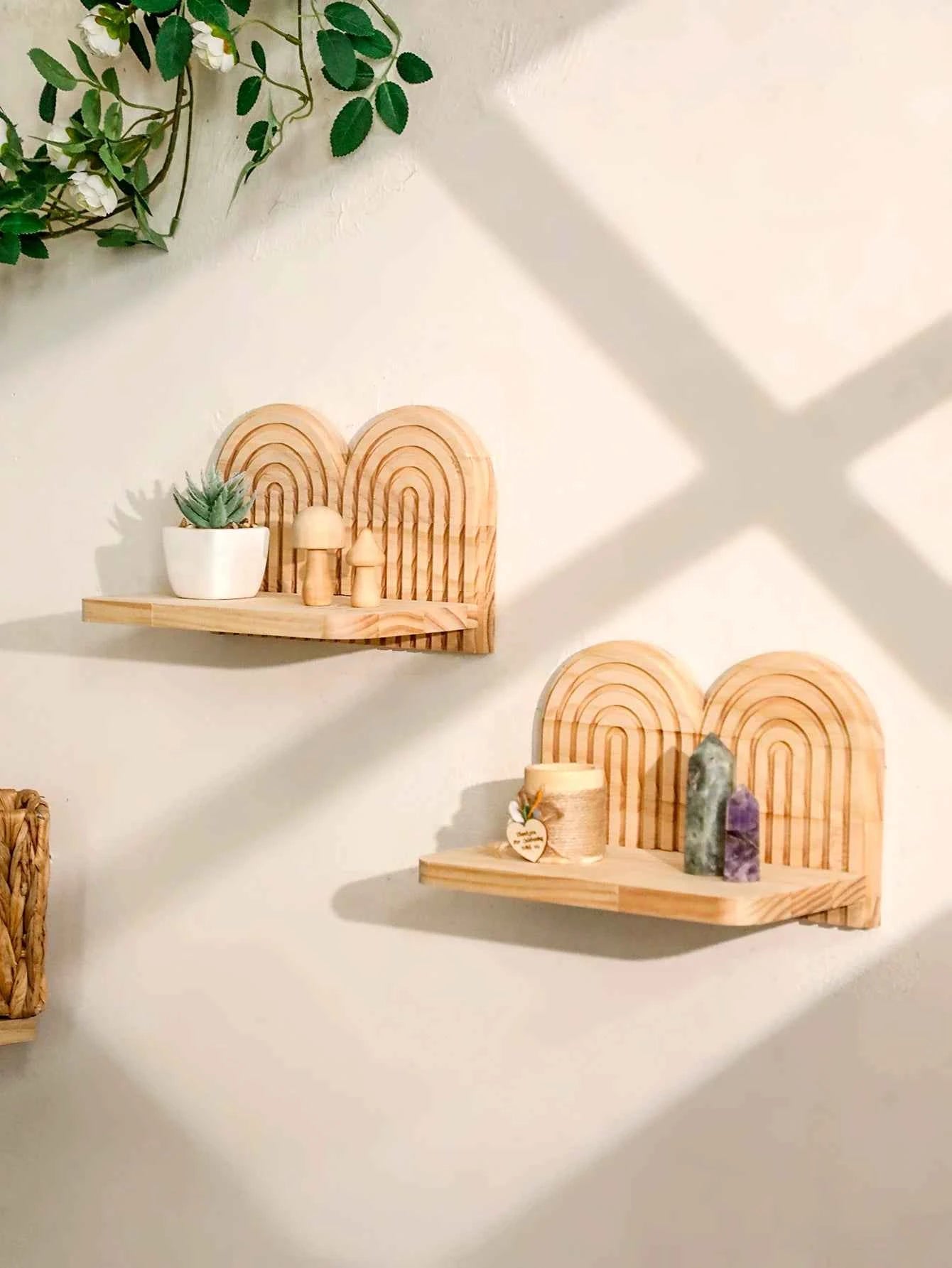 1pc Rustic Wooden Wall Mounted Shelves, Rainbow Arch Design, Decorative Display Racks for Succulents, Crystals & Home Decor Gift