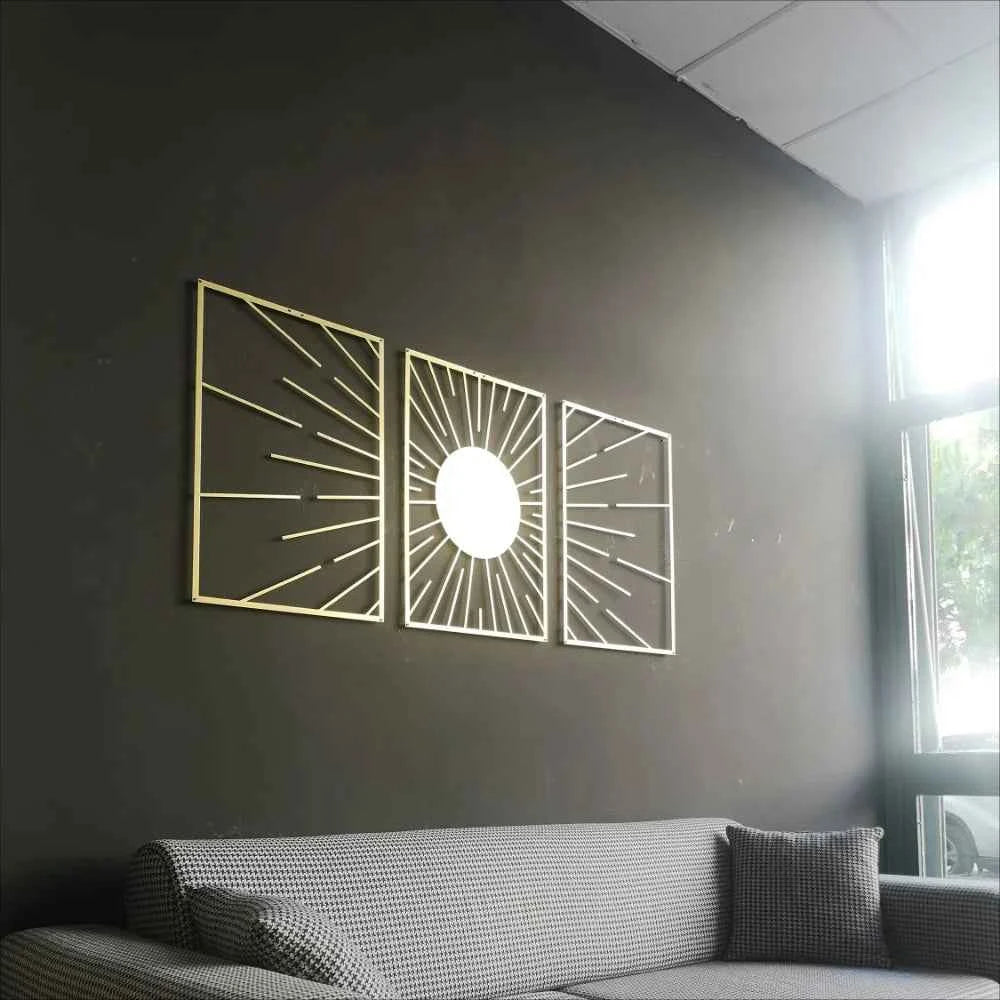 SUN framed wall art , Abstract Sun Wall Decor, Gold Metal Wall Decor Set, Gold Wall Art Set of 3, Above Bed Decor, Above Sofa