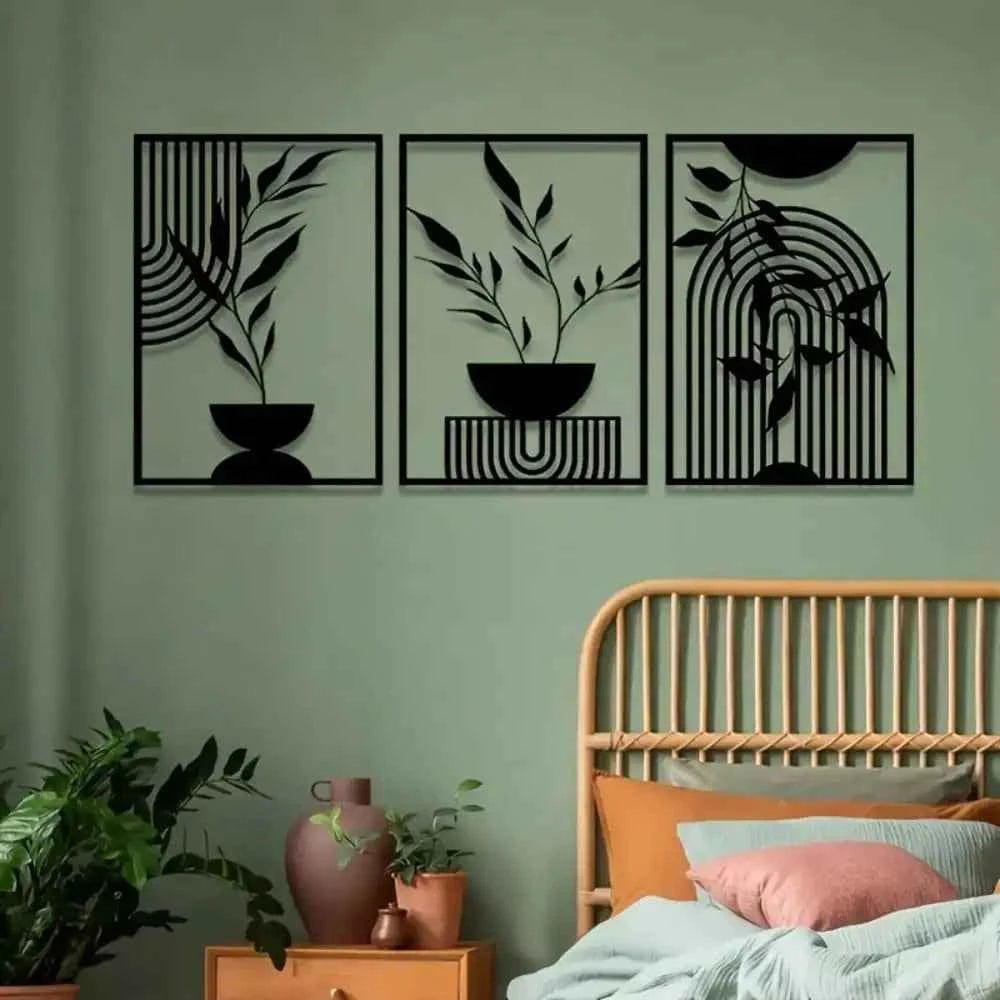 Black Metal Wall Art Decor 3-Piece Set，Modern Abstract Line Design Rustproof Iron for Bedroom Living Room Indoor Outdoor