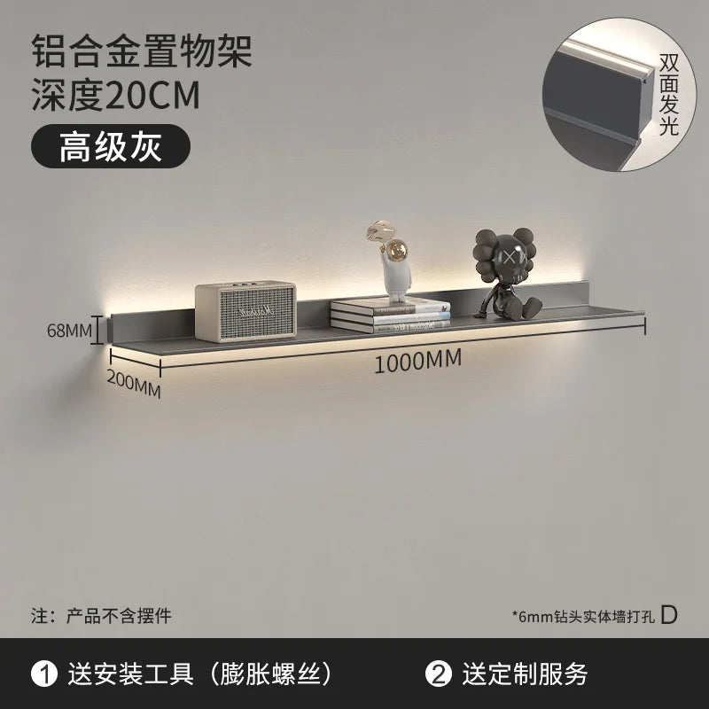 Luminous LED Storage Rack Aluminum Alloy Wall Holder L-shaped One-word Bookshelf for Living Room Metal Glowing Display Shelf The Home Essentials
