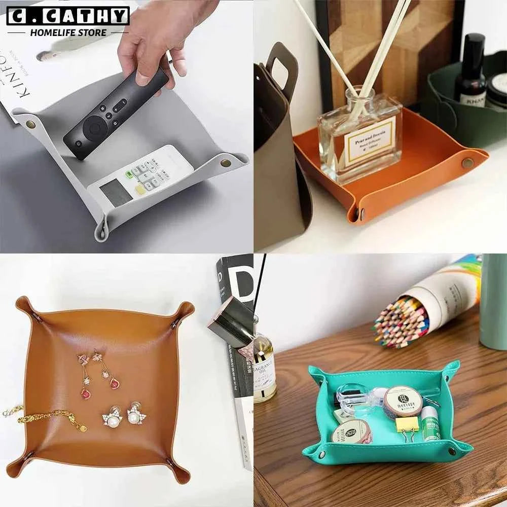 1PC 25X25CM Leather Tray Foldable Table Storage Box Jewelry Key Coin Desk Top Organizer Entryway Nightstand Home  Decoration