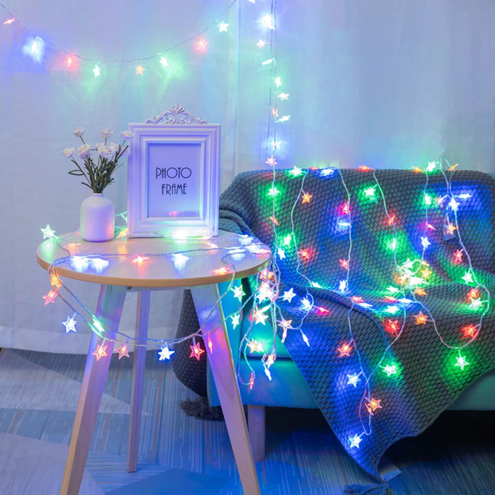 LED Star Fairy Lights Outdoor Chain Lights Garland Bulb String Lights Party Home Wedding Terrace Garden Christmas Decoration The Home Essentials