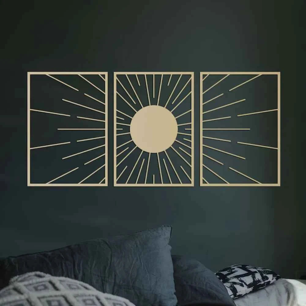 SUN framed wall art , Abstract Sun Wall Decor, Gold Metal Wall Decor Set, Gold Wall Art Set of 3, Above Bed Decor, Above Sofa