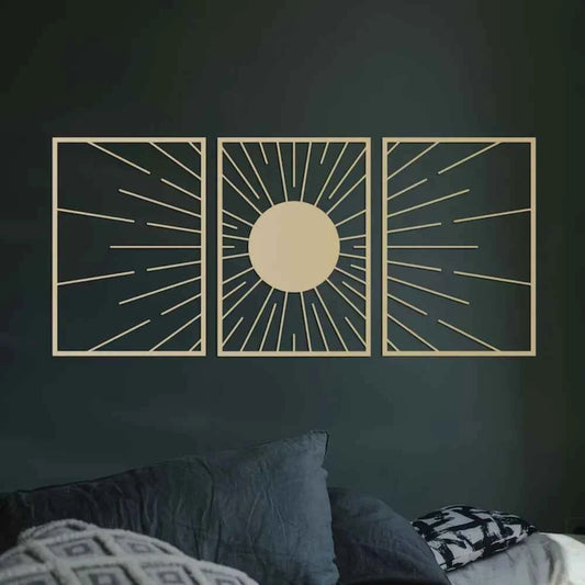 SUN framed wall art , Abstract Sun Wall Decor, Gold Metal Wall Decor Set, Gold Wall Art Set of 3, Above Bed Decor, Above Sofa