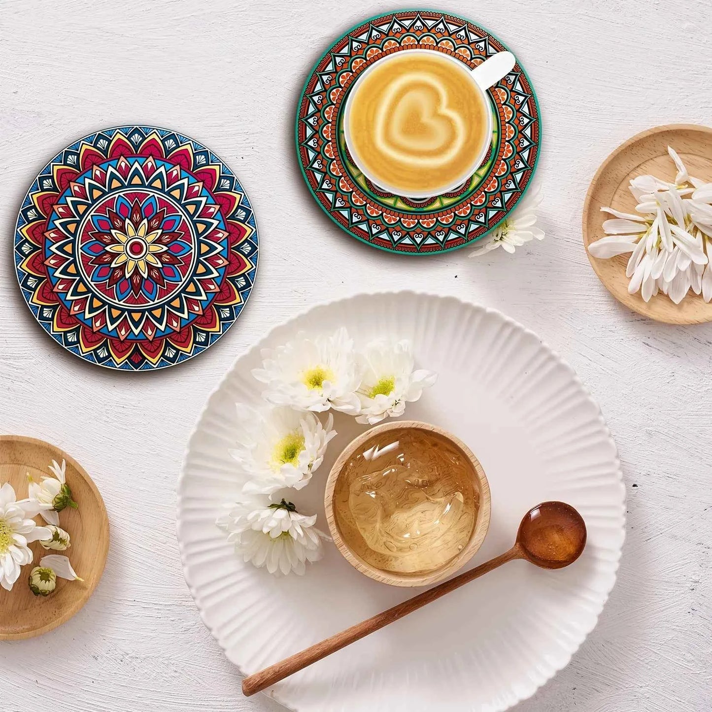 8-Piece Wooden Mandala Coaster Set - Must-Have for Bar, Office, and Home Decor Holiday/Party
