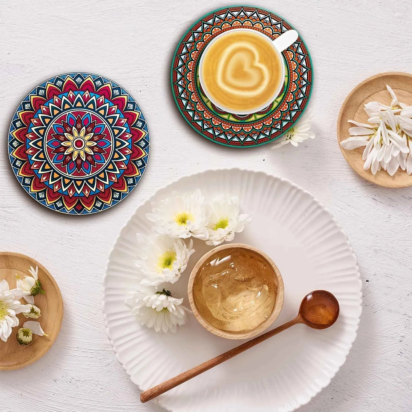 8-Piece Wooden Mandala Coaster Set - Must-Have for Bar, Office, and Home Decor Holiday/Party