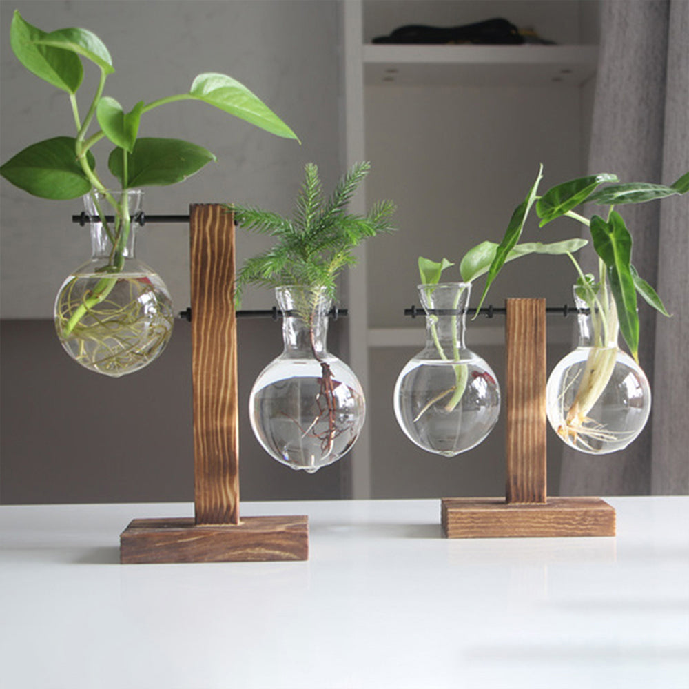 Creative Glass Desktop Planter Bulb Vase Wooden Stand Hydroponic Plant Container Home Tabletop Decor Vases The Home Essentials