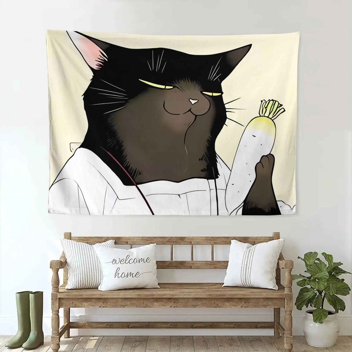 Cute Cartoon Black Cat and Carrot Tapestry Wall Art Decor Aesthetic Kitchen Hanging Poster 150x230cm