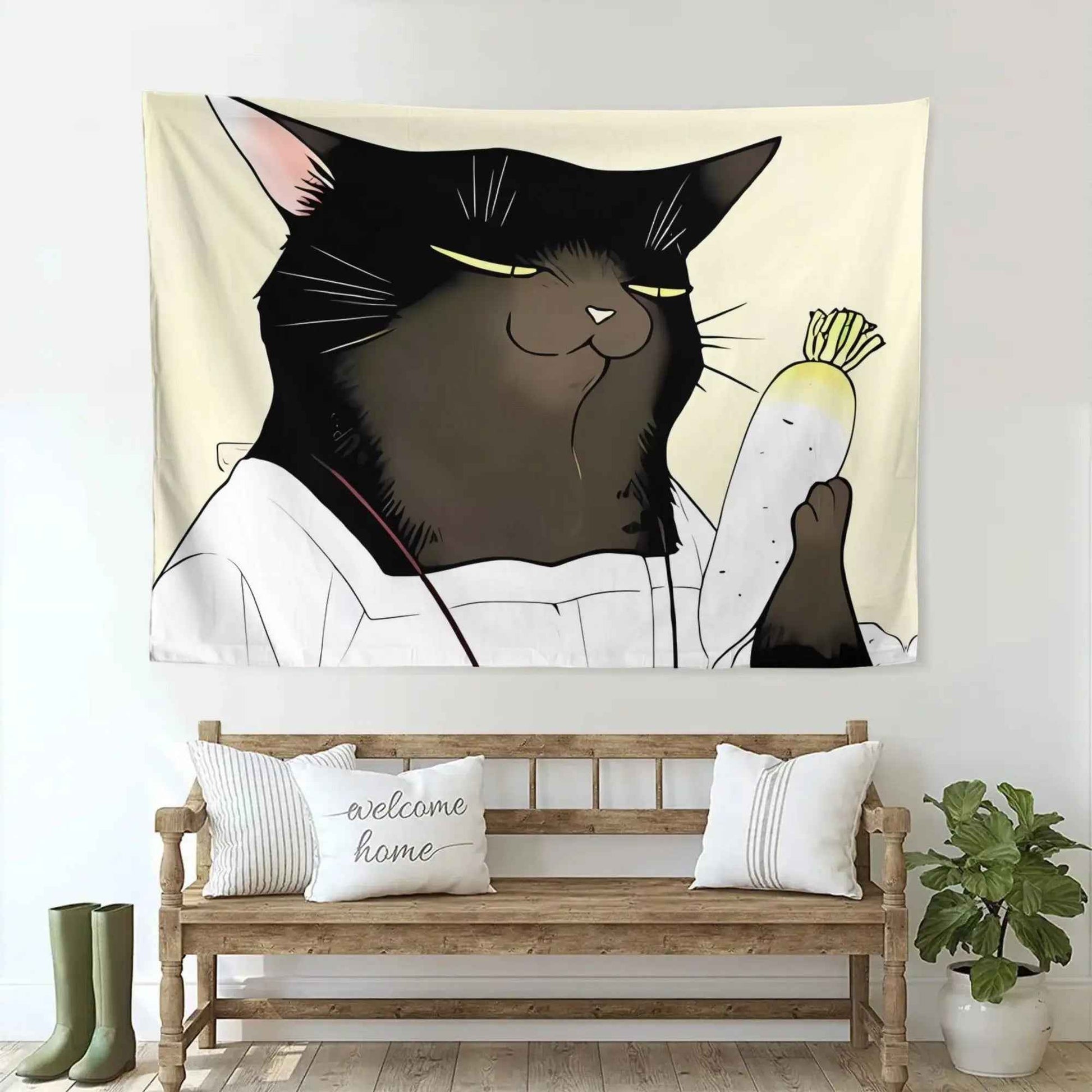 Cute Cartoon Black Cat and Carrot Tapestry Wall Art Decor Aesthetic Kitchen Hanging Poster 150x230cm