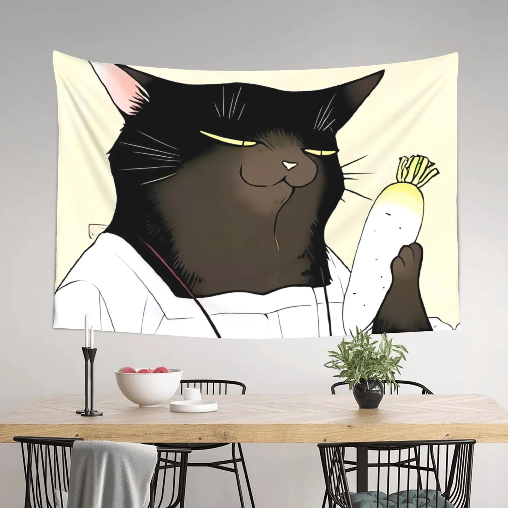 The Home Essentials polyester wall tapestry featuring a cute cartoon black cat holding a white carrot in a kitchen.