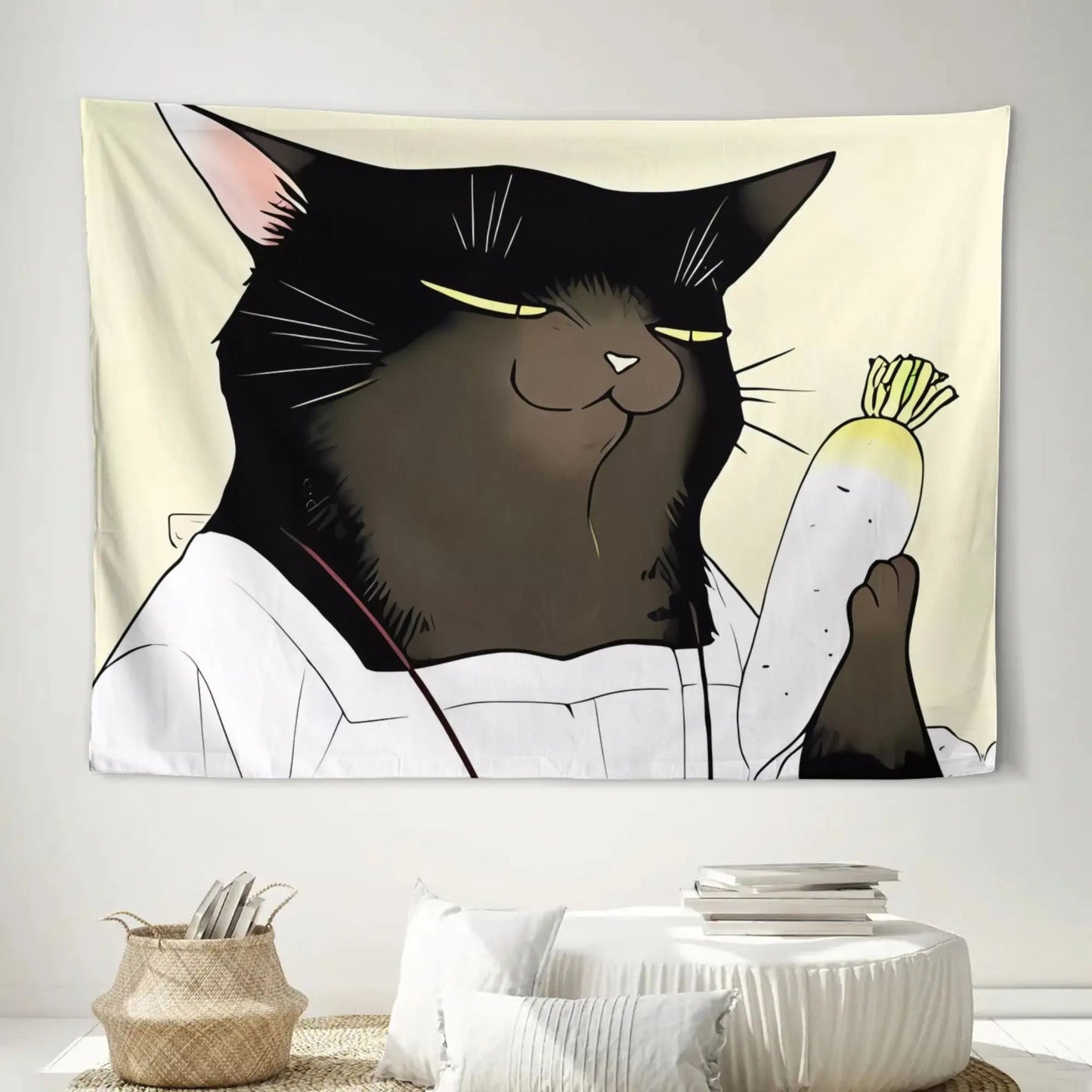 The Home Essentials polyester wall tapestry featuring a cute cartoon black cat holding a white carrot in modern style