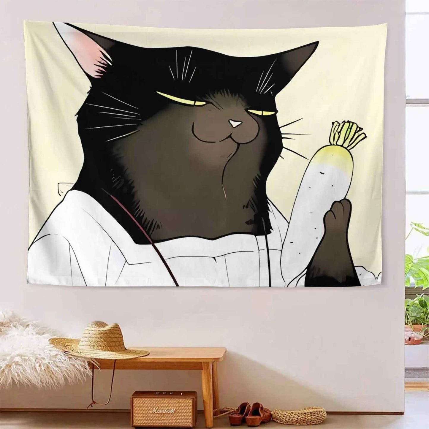Cute Cartoon Black Cat and Carrot Tapestry Wall Art Decor Aesthetic Kitchen Hanging Poster 150x230cm