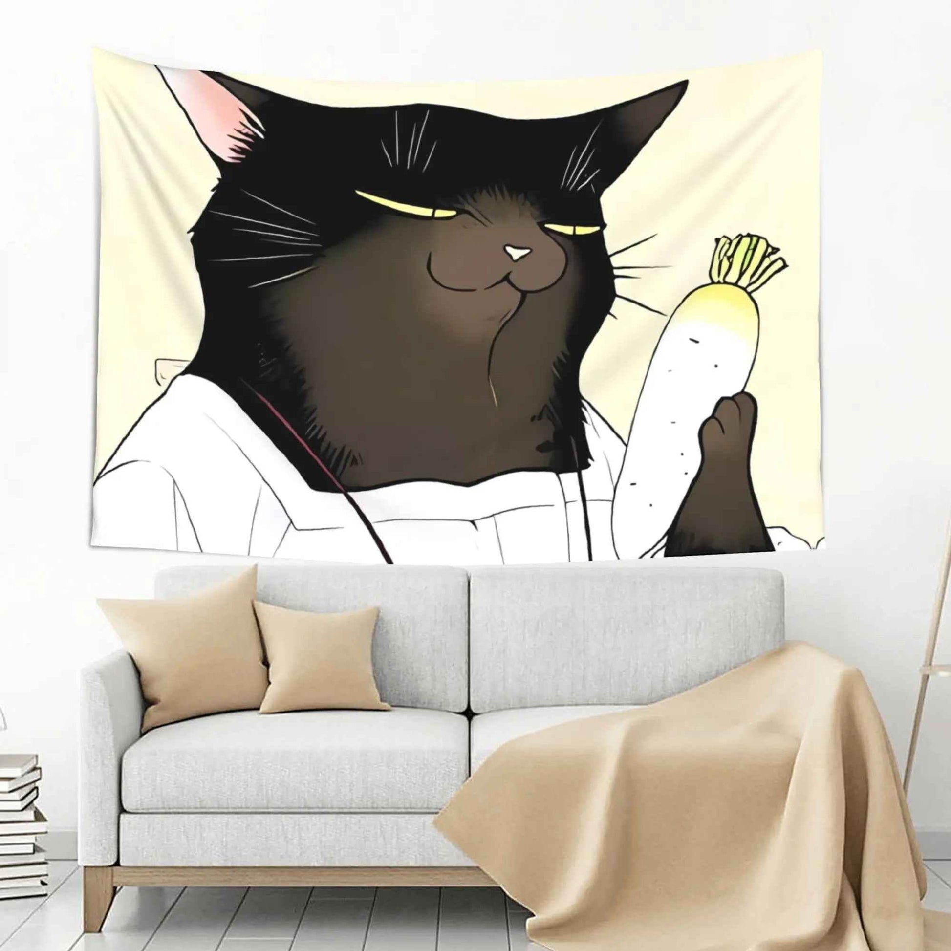 Cute Cartoon Black Cat and Carrot Tapestry Wall Art Decor Aesthetic Kitchen Hanging Poster 150x230cm