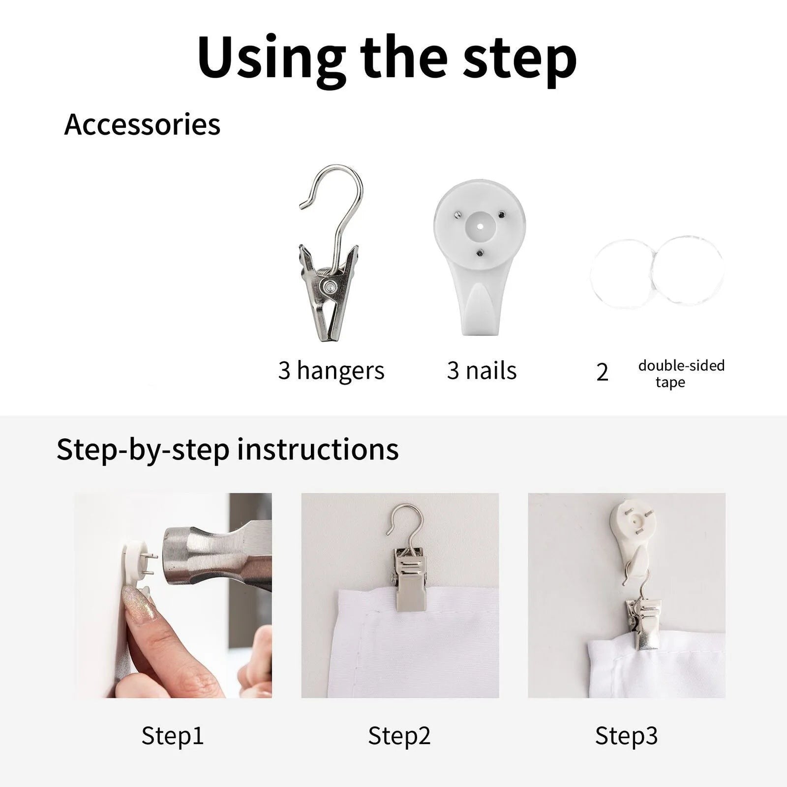 The Home Essentials tapestry installation kit with metal clips, wall nails, and double-sided tape for easy hanging