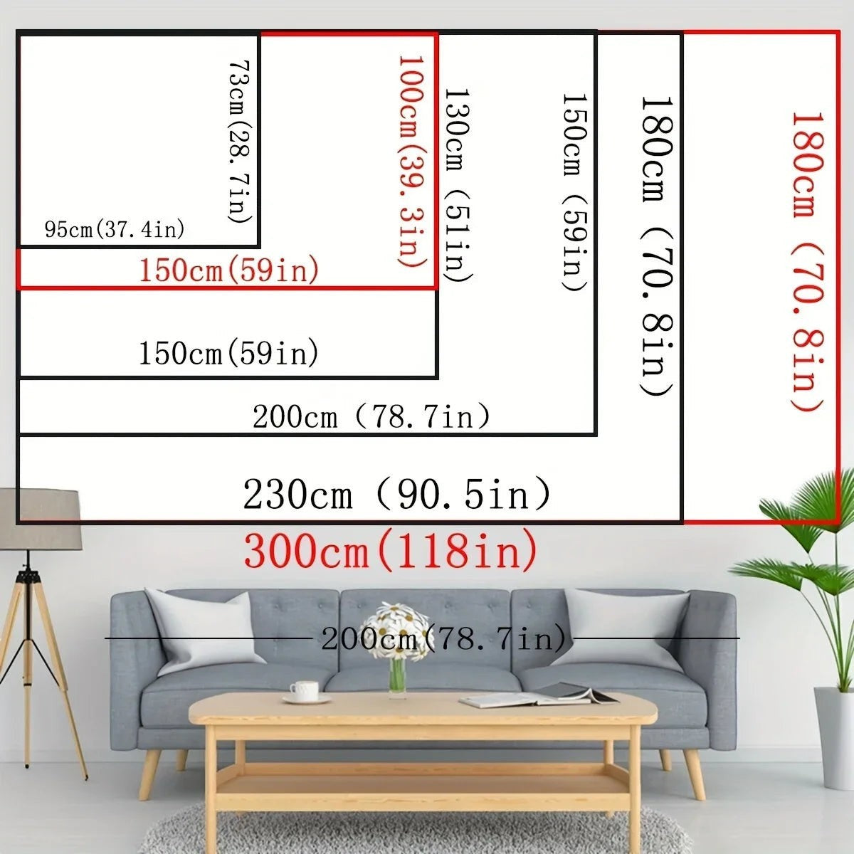 The Home Essentials size guide chart for polyester wall tapestries showing various rectangular dimensions