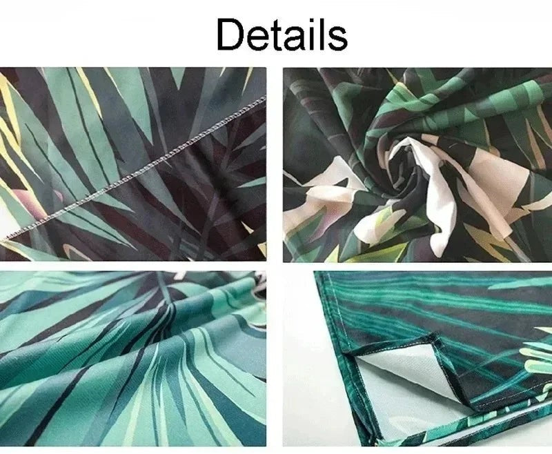 The Home Essentials polyester tapestry showing detailed close-up views of green tropical leaf patterns and stitching.
